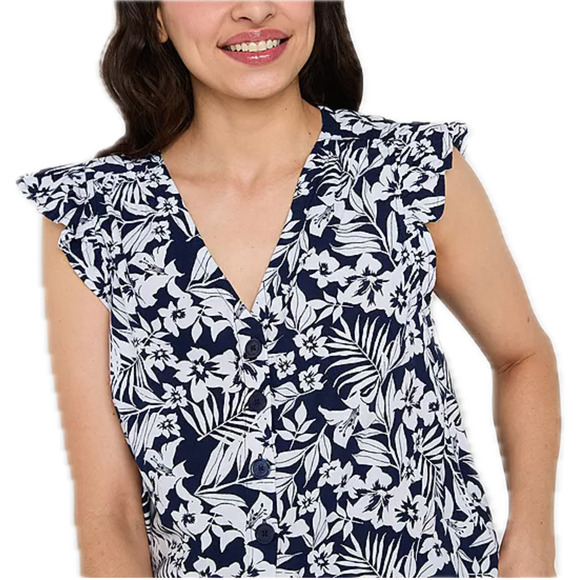 St. John's Bay Linen Ruffled Sleeveless Blouse 3X Blue White Tropical Hawaiian - Picture 2 of 10